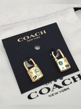 COACH Signature Gem Multicolor Crystal Padlock Hoop Earrings in Gold Tone